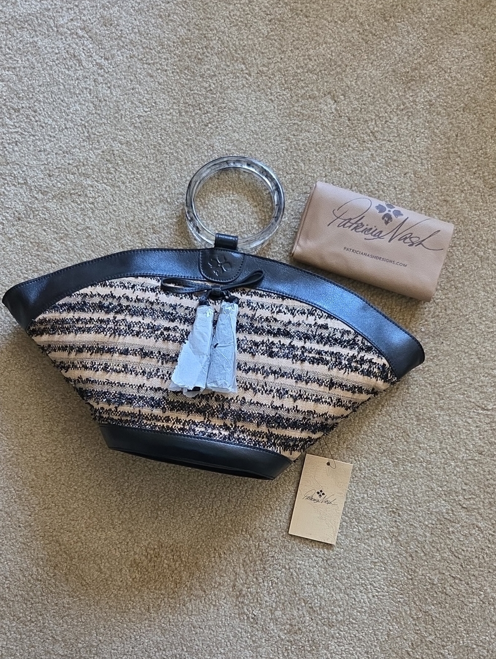 PATRICIA NASH Mandia Ebbe Woven Straw Crescent Tote Suede Interior NEW